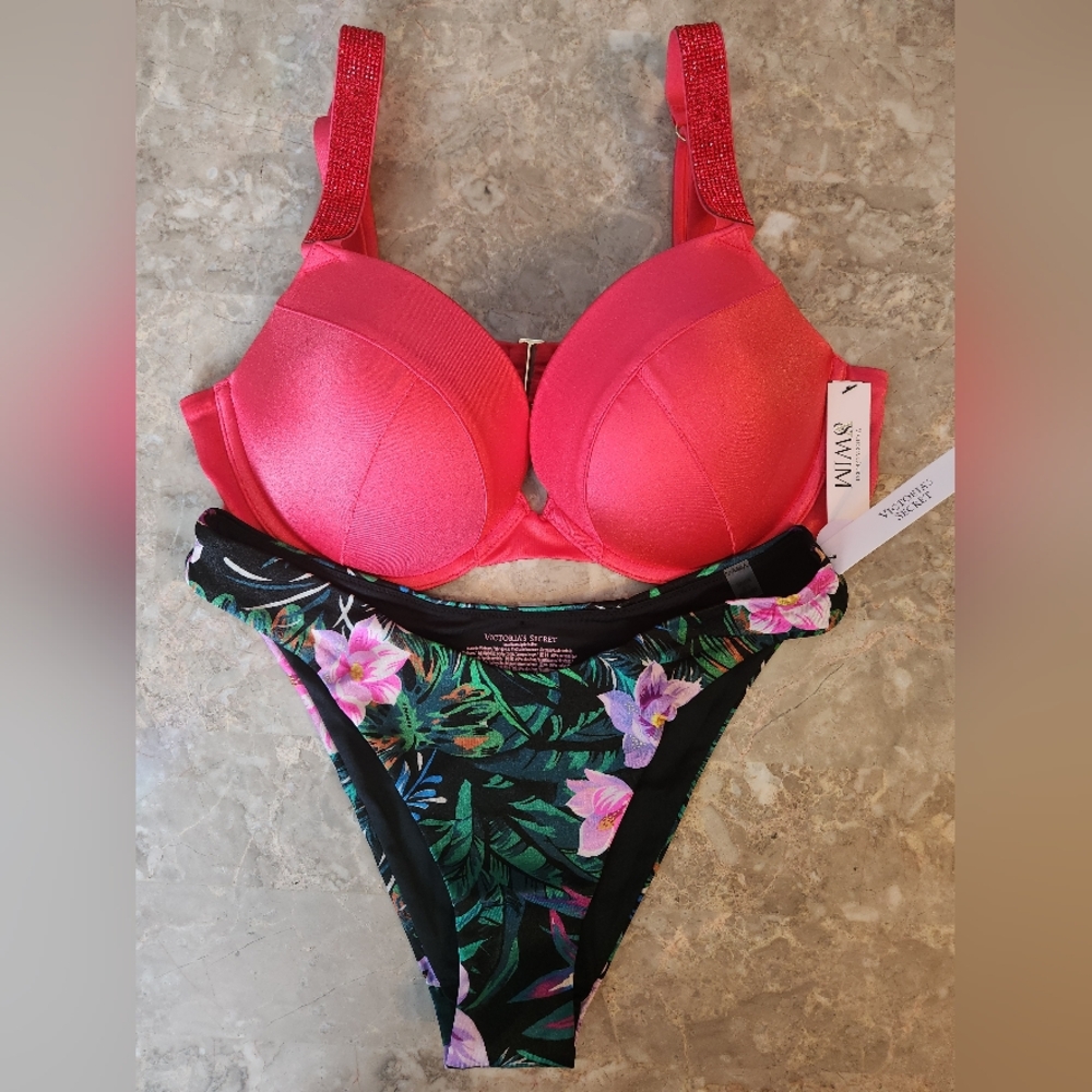 38C/M VS Swim Shine Strap Sexy Tee Brazilian Bikini Set Tropical Island Getaway